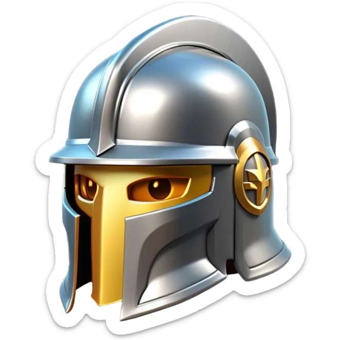 Clash of Clans aesthetic: Cinematic heroic Steel full face Helm Emoji, rendered in a 3D vector-style similar to standard emojis with minimal shading and bold, simplified shapes. A compact, isometric helmet crafted of shining steel with intricate engravings and a protective visor, softly glowing with a noble warrior charm. Simplified yet unmistakably iconic, highly detailed and consistent, glowing with a soft radiant gleam and high polish. Stylized with a touch of chivalric tradition and a soft glowing outline, capturing the essence of a stalwart battle helm with a friendly, playful manner! sticker