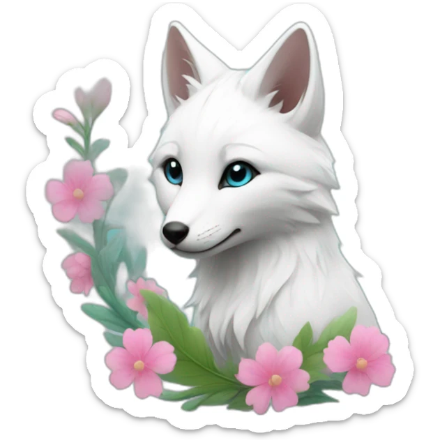 white fox with cyan hair on head and pink flower in it sticker