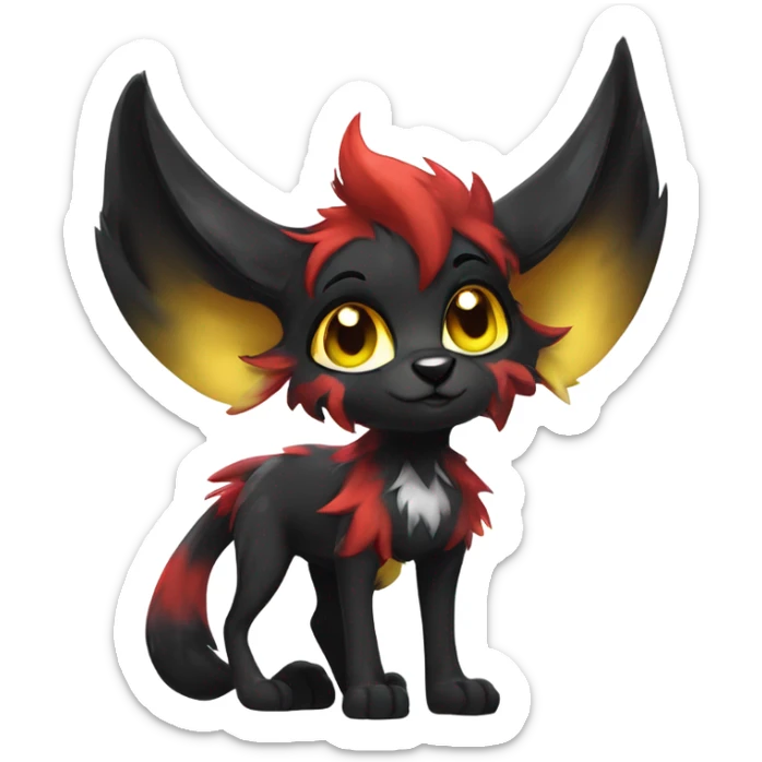 black Shiny Fionbri-Falvie-sparkle-sona with yellow eyes, red edgy markings full body fursona sticker