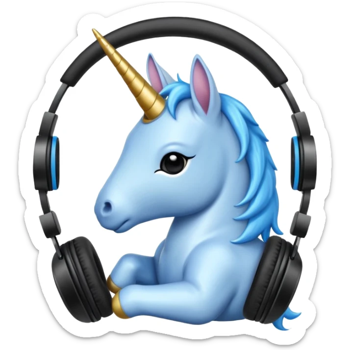 Unicornio bebé azul sentado escuchando música con auriculares negros sticker
