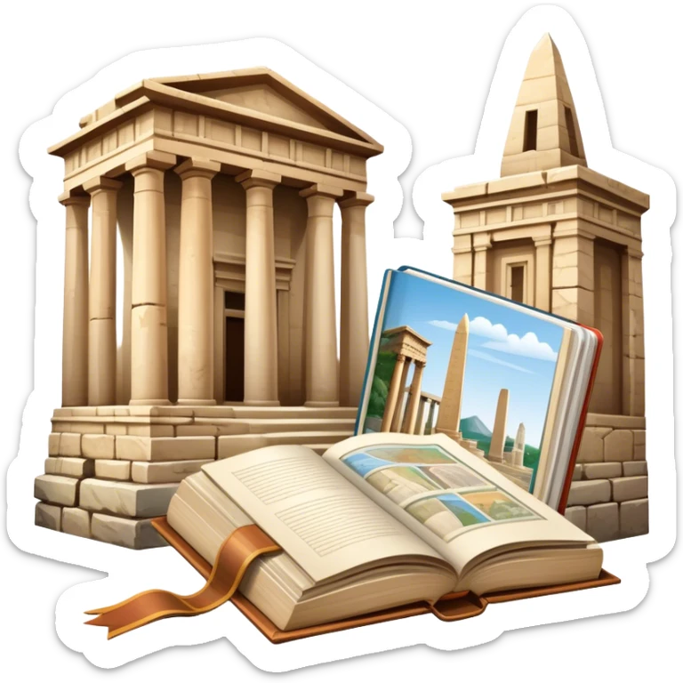 Icon for Historical and Cultural Tourism: iconic landmarks like ancient ruins, a museum, and a historical monument, with a travel guidebook and camera. The icon should capture the exploration of history and culture. Transparent background. sticker