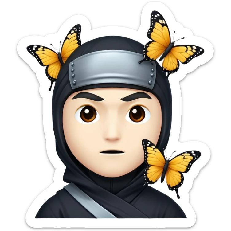 Crea un emoji con estos dos emoji 🥷🏻🦋
él ninja de piel blanca con la mariposa posada en cabeza como si estuviera volando. sticker