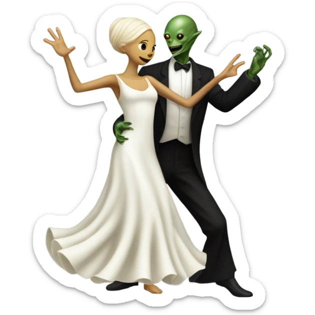  a Reptilian alien woman, in white dress, dance with a human man in frack sticker