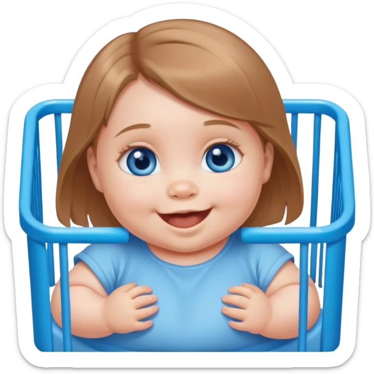 Blue-eyed baby girl with short light brown hair, chubby, mischievous smile in playpen  sticker
