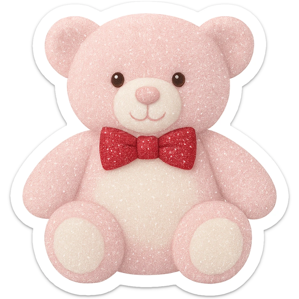 Add a touch of glitter to the teddy bear and its bow tie, keeping the pink and white fur, flat lighting, no shadows or background, soft plush look, maintain transparency. The style should reflect a soft plush teddy bear with pink and white fur and a glittery bow tie, with flat lighting and no shadows or background. sticker