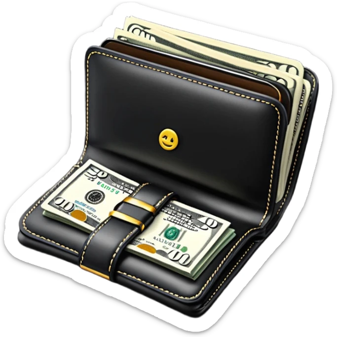 Rich emoji style black leather wallet with dollar bills, luxury money vibe, premium 3D emoji, ultra clean, high detail, no background
 sticker