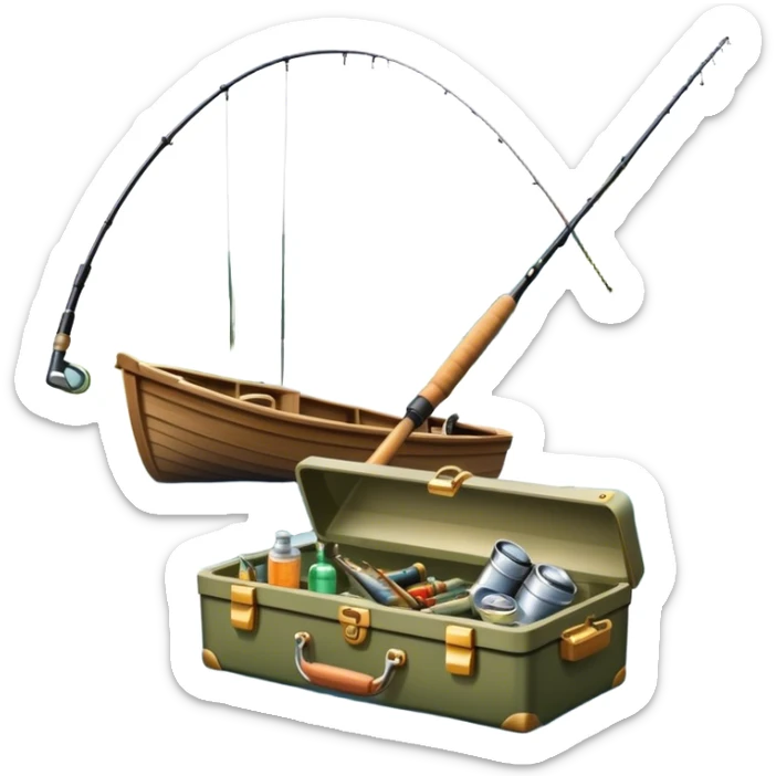 Icon for Fishing: a boat on the shore of a peaceful water body with a beautiful natural landscape, a fishing tackle box, a spinning rod. The icon should capture the tranquility and gear of a fishing adventure. Without frame. Transparent background. sticker