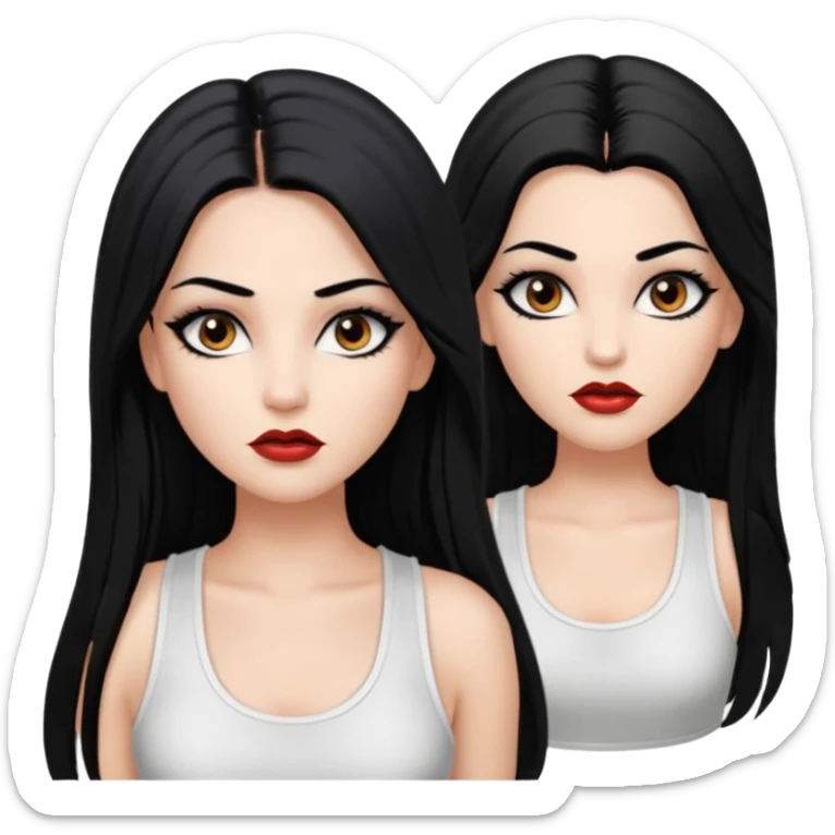White woman with a white tank top long black hair glossy middle part straight long hair vamp look  brown eyes eyeliner winged with lashes top and bottom white border big lips black eyebrows sticker
