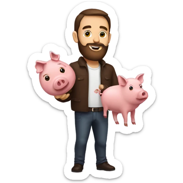 Brunette man with beard holding a pig and has a lot of bacon around  sticker