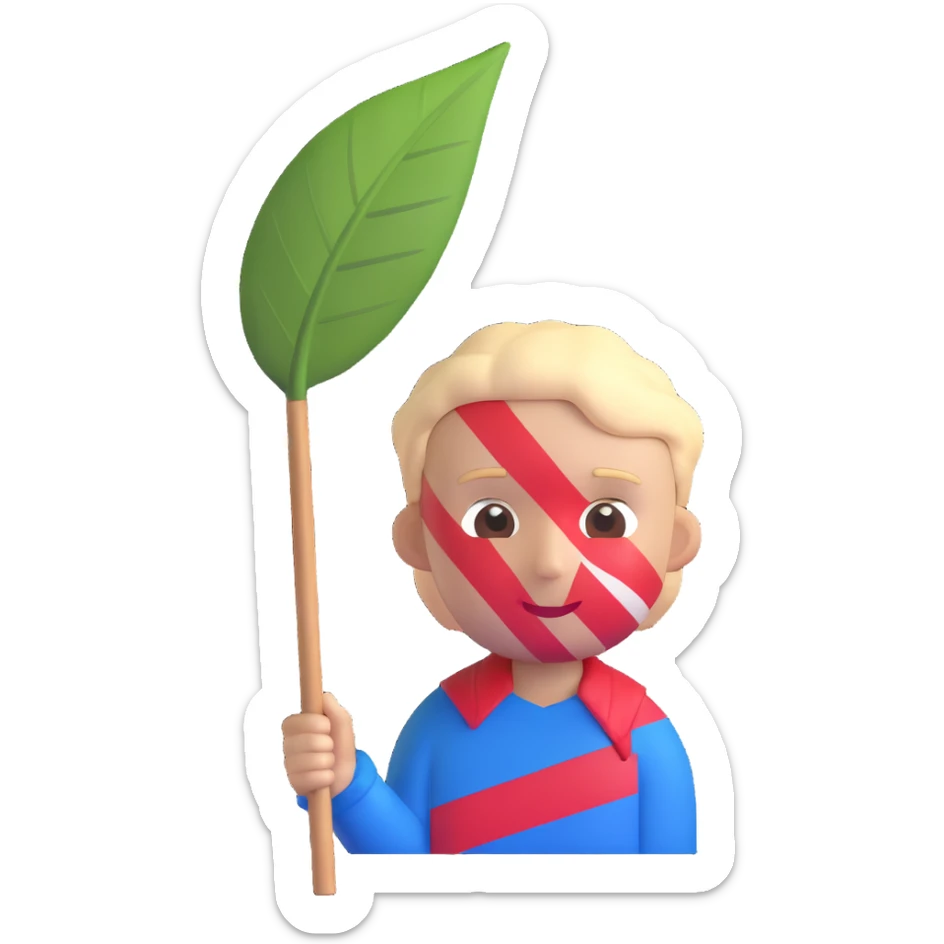 wild fierce boy emoji, face painted with red white and blue stripes, tribal savage appearance with leaf covering, holding a sharp-edged stick, inspired by Roger from LOTF sticker