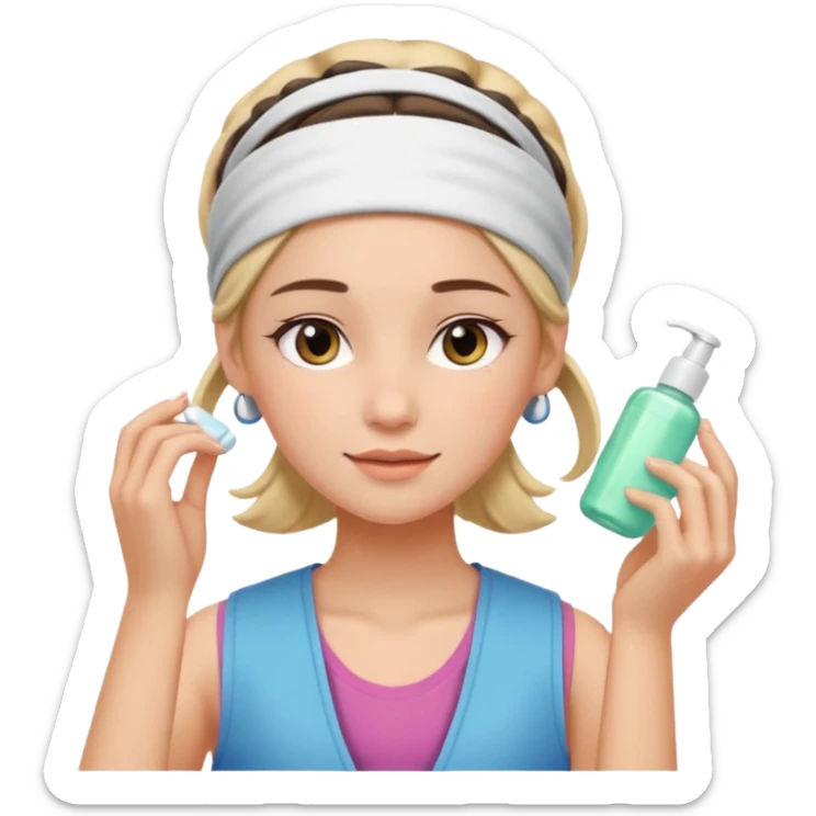 Clean girl aesthetic emoticons, apply skincare products, headband, glowing skin, vest, soft lighting
 sticker