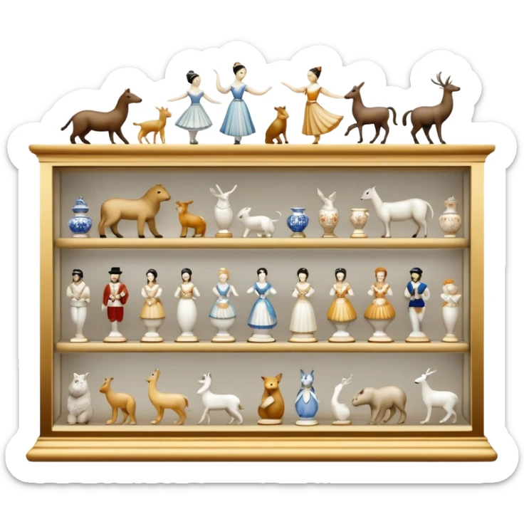 Icon for Porcelain Figurine Collecting: a collection of delicate porcelain figurines, such as animals, dancers, and historical characters, displayed on a shelf or in a display case. The icon should convey the elegance and artistry of collecting porcelain statues. Transparent background. sticker