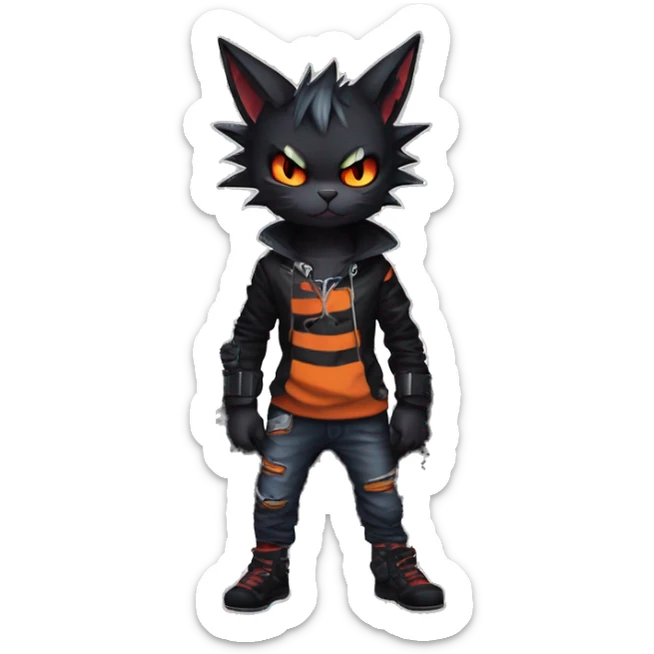 Cool Anthro Black Bat-Nargacuga-Litten-cat-Pokémon with edgy stripes hoodie spiked collar punk Full Body sticker