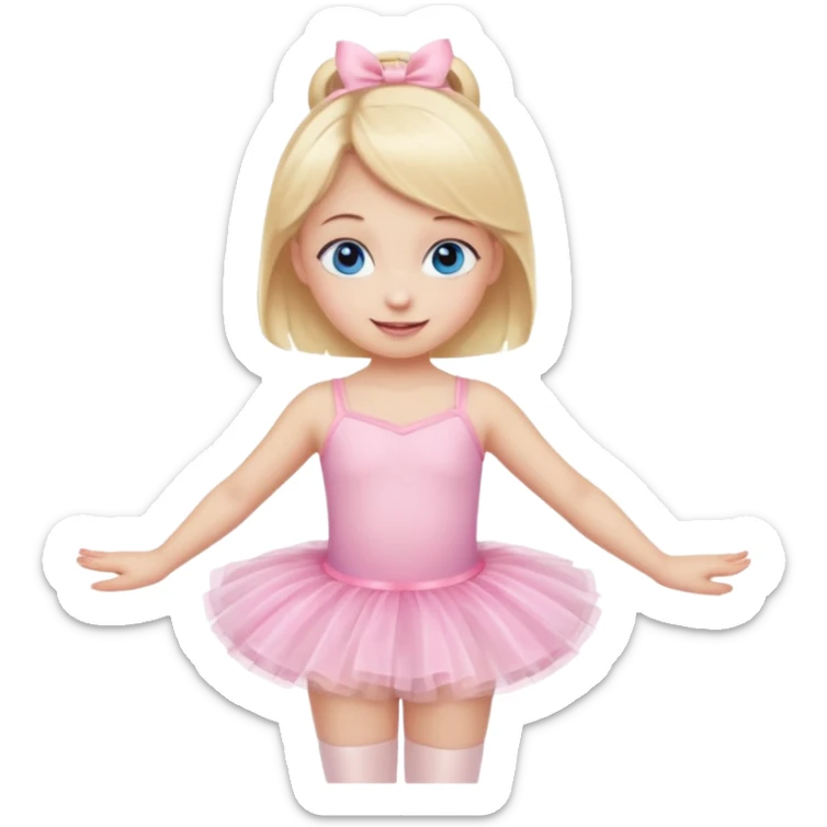 Little blonde girl doing ballet in a pink tutu and ballet slippers, cute emoji style, soft colors, happy expression, with blue eyes sticker