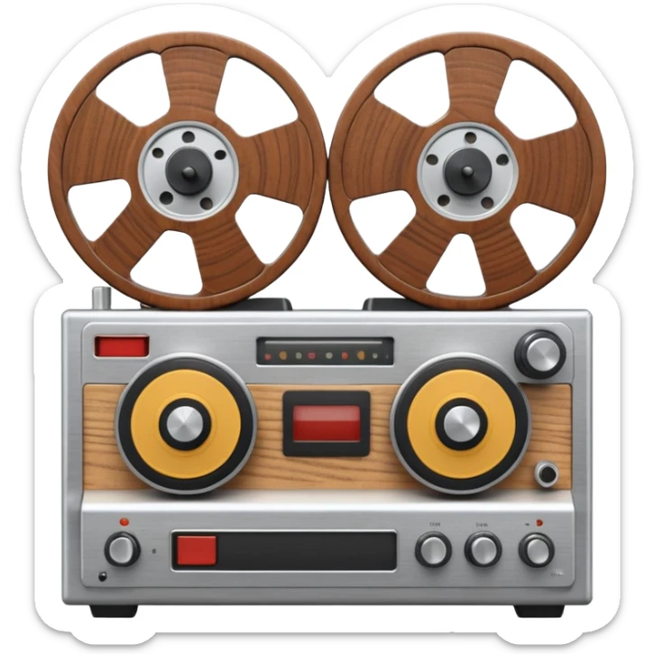 3D render of Reel-to-Reel, vintage 1980s audio equipment aesthetic, tactile analog buttons, silver metallic face with two large brown magnetic tape wheels, mixed wood grain and brushed aluminum textures, Apple emoji style, isolated on white background --v 6.0 sticker
