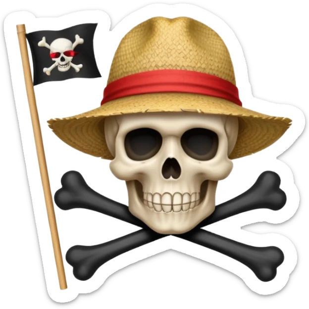 Fait moi ce drapeau 🏴‍☠️ a l'identique et met lui sur la tête de mort un chapeau de paille avec un fil rouge sticker