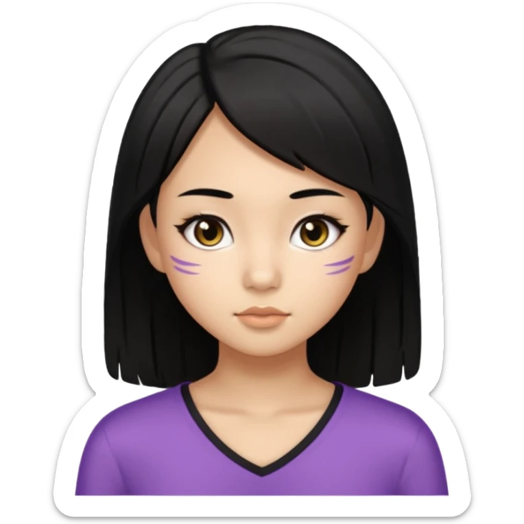 a tan chinese-american 15 year old girl with straight black hair down to her chest. mascara sticker