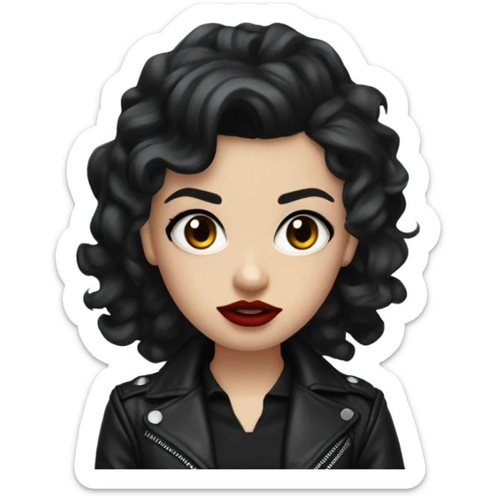 White girl, with long curly black hair, with red lipstick, black winged eyeliner, wearing black shirt and black leather jacket, rolling her eyes annoyed sticker