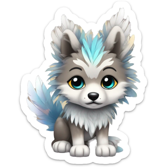 Fluffy Shy Chibi Spiritual Shamanic Wolf With Shiny Tribal Markings wearing feathers Full Body sticker