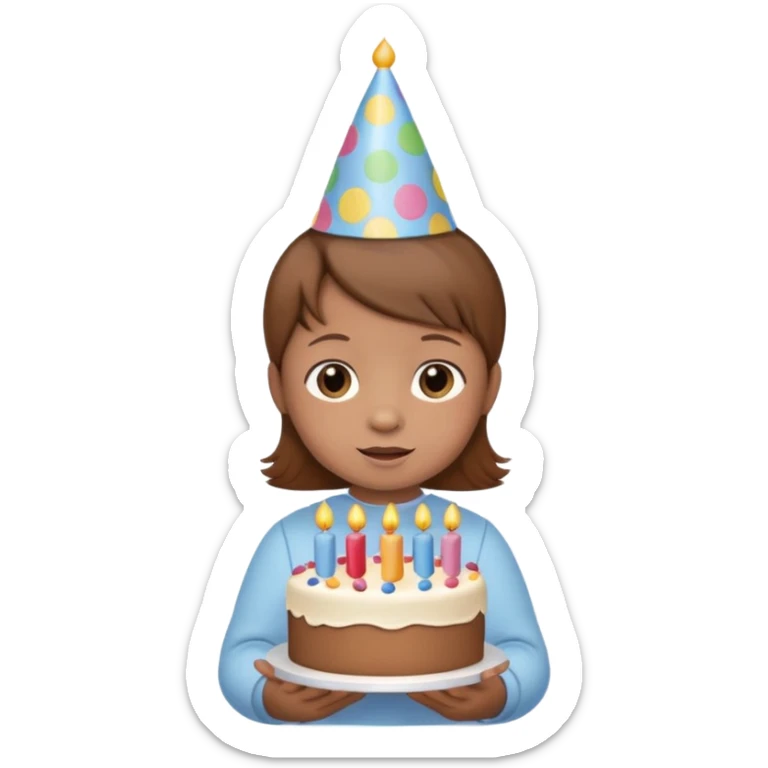 with brown hair cute baby wearing birthday hat with birthday cake sticker