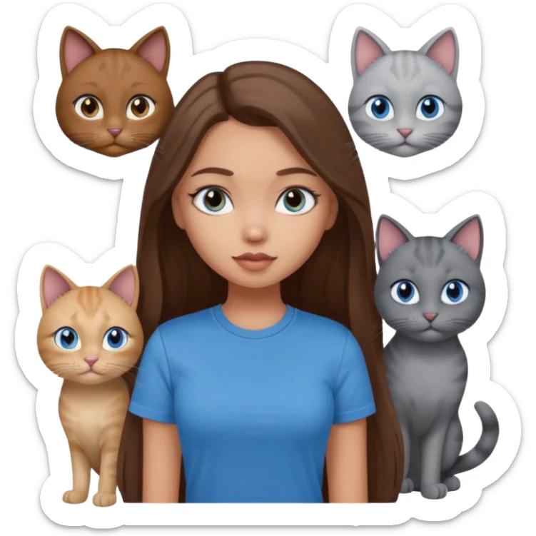 a pretty bratz dusky light skin girl with long brown hair, blue eyes with six cats nd wearing a grey tshirt sticker
