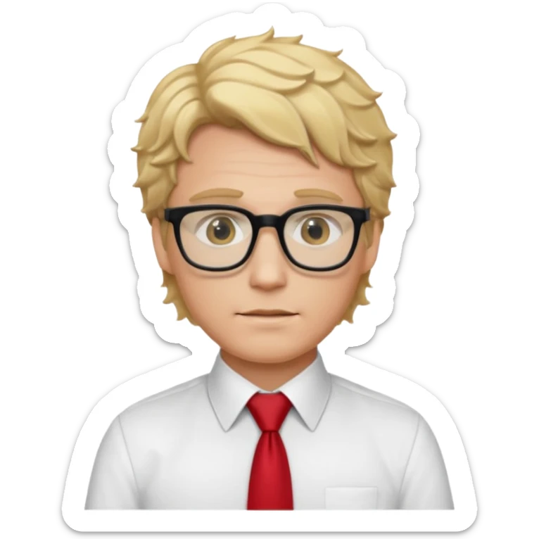 white man in white shirt, having red tie, blonde wavy hair, wearing glasses sticker