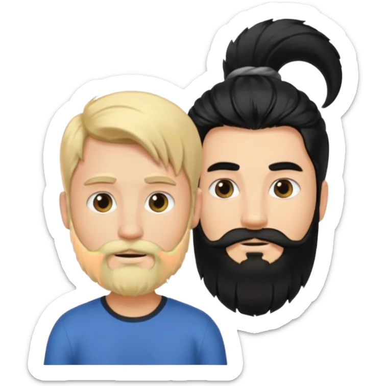 Man with long black hair tied in a tail and beard with a young blond short-haired without a beard sticker