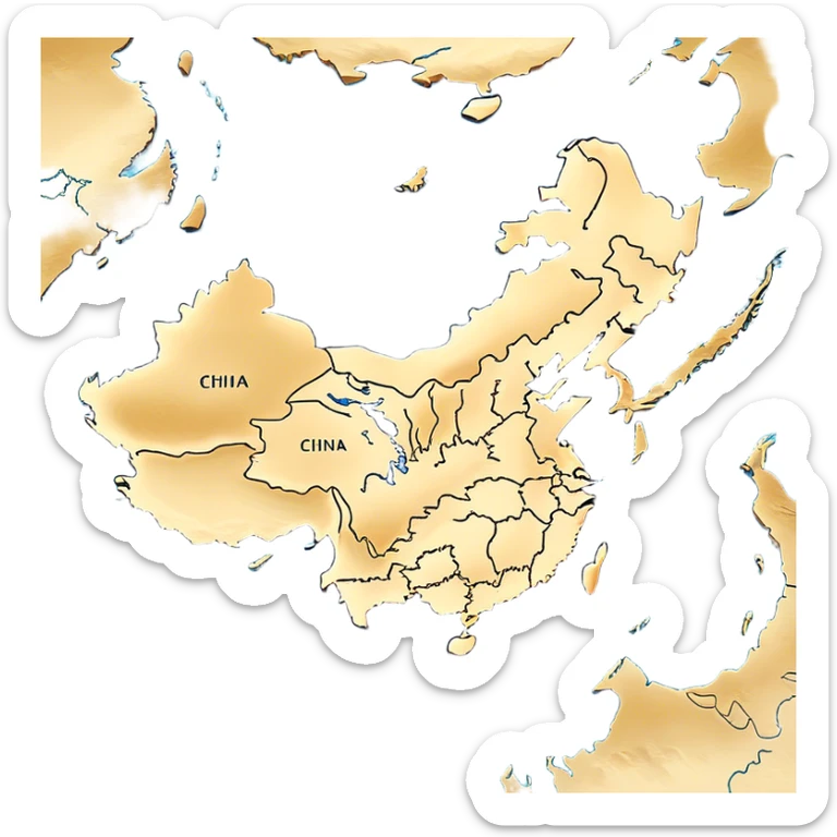 Cinematic-realistic outline of china, featuring its distinct landmass with accurately defined coastlines. The deep blue ocean surrounds the golden-brown continent, with subtle topographic shading to highlight its terrain. A soft glowing effect enhances the edges, making the shape stand out against a neutral, textured background. sticker