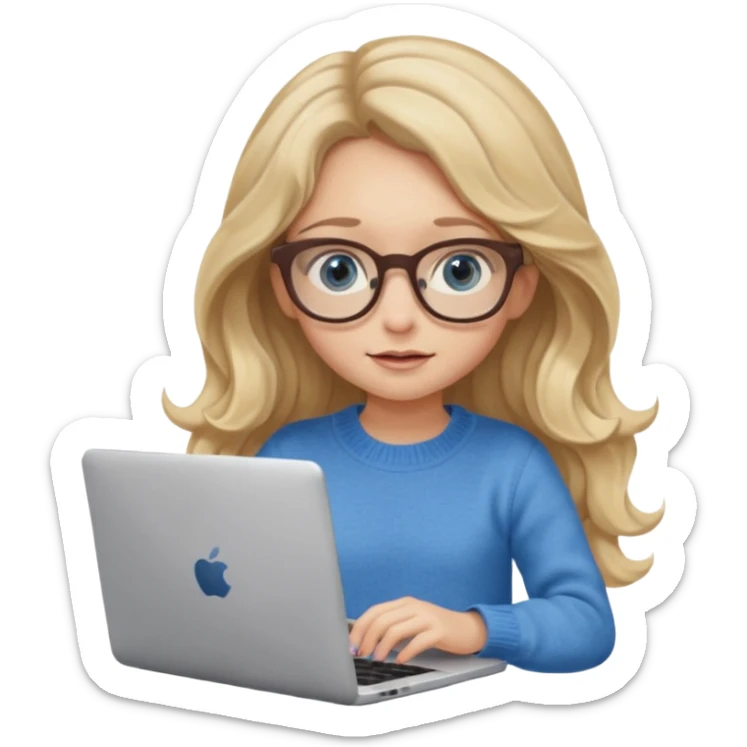 blonde girl with long dark blonde wavy hair, blue big eyes, pantos-style glasses, a brown colored sweater, sitting and looking in laptop, soft pastel, upper body shot sticker