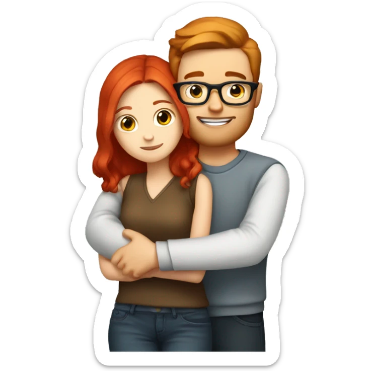 White girl with red hair hugging white guy with brown hair and glasses sticker