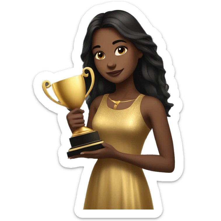 realistic portrait of a brown skin girl with brown eyes and long straight black hair wearing a gold dress holding 4 trophies in her arms sticker