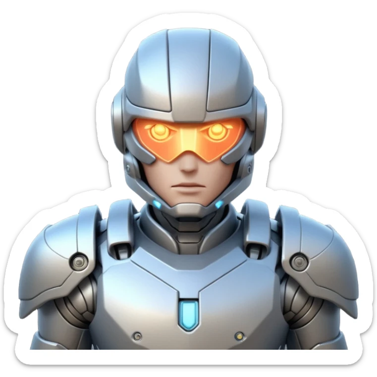 mechanical armored man portrait, head and shoulders only, futuristic metal armor, glowing energy lines, robotic shoulder plates, intense expression, sci-fi warrior vibe, 3D cartoon style, mobile game icon style, clean background, no text, no watermark
  sticker