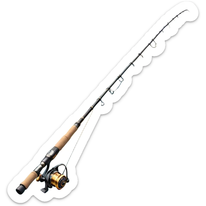 Cinematic Realistic Fishing Rod, sleek graphite rod with a smooth, polished reel, thin line disappearing into a shimmering lake, warm golden sunlight reflecting off the water, glowing with a tranquil and adventurous aura. sticker