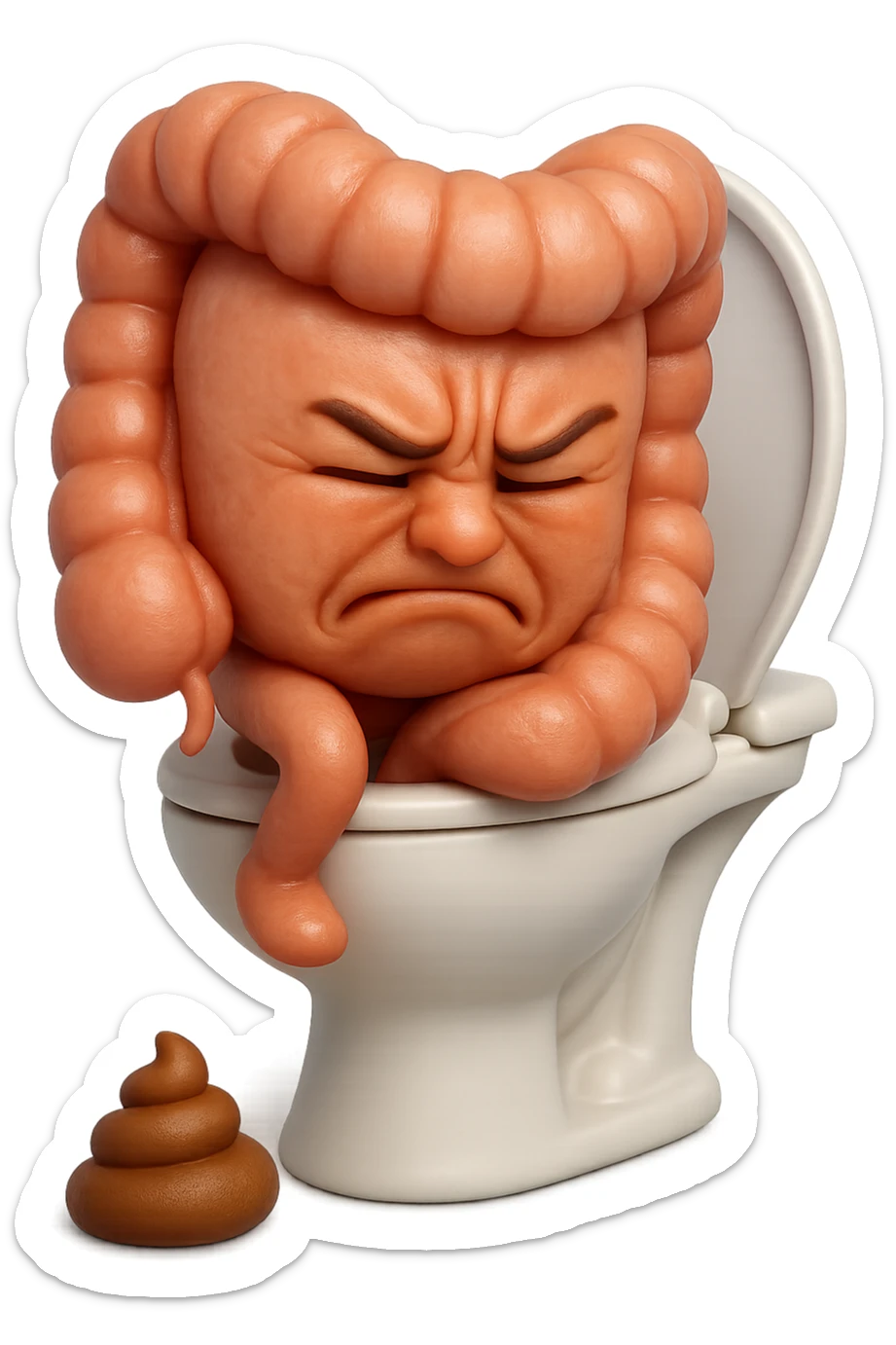 SU QUESTO STILE FAI UN EMOJI STILE IPHONE 3D DI UN INTESTINO CHE sta seduto sul wc e davanti ha una montagnetta di feci a palline stile emoji iphone, FAGLI UN ESPRESSIONE di dolore mentre si sforza E FALLO MOLTO REALISTICO IN 3D sticker