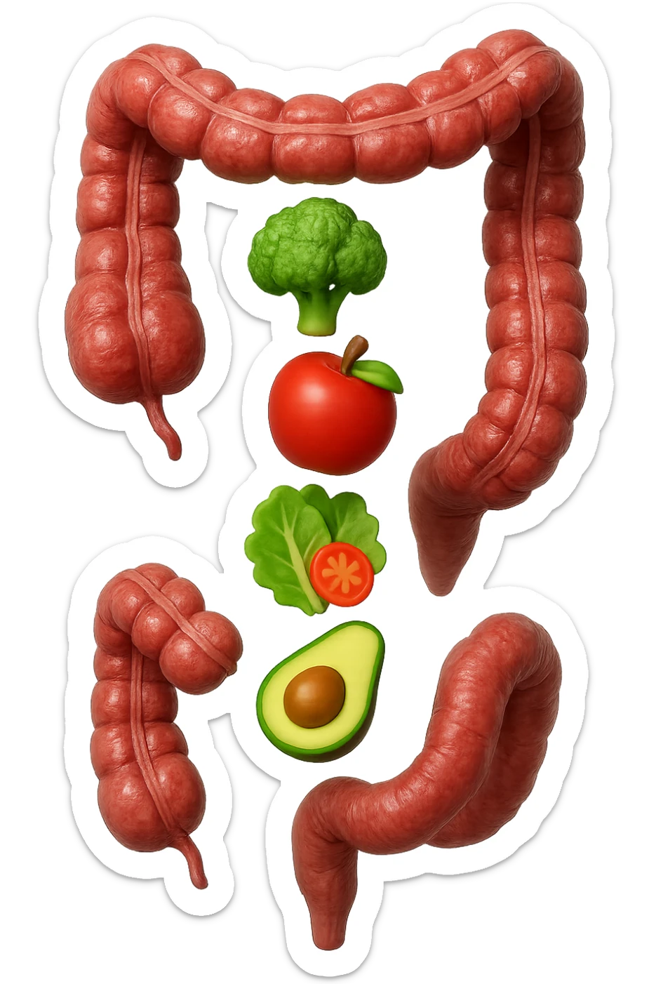 emoji stile iphone in 3d di cibo sano che fluttua in aria vericalmente insieme ùa pezzi di colon umano anatomico, iperrealistico 4k sticker