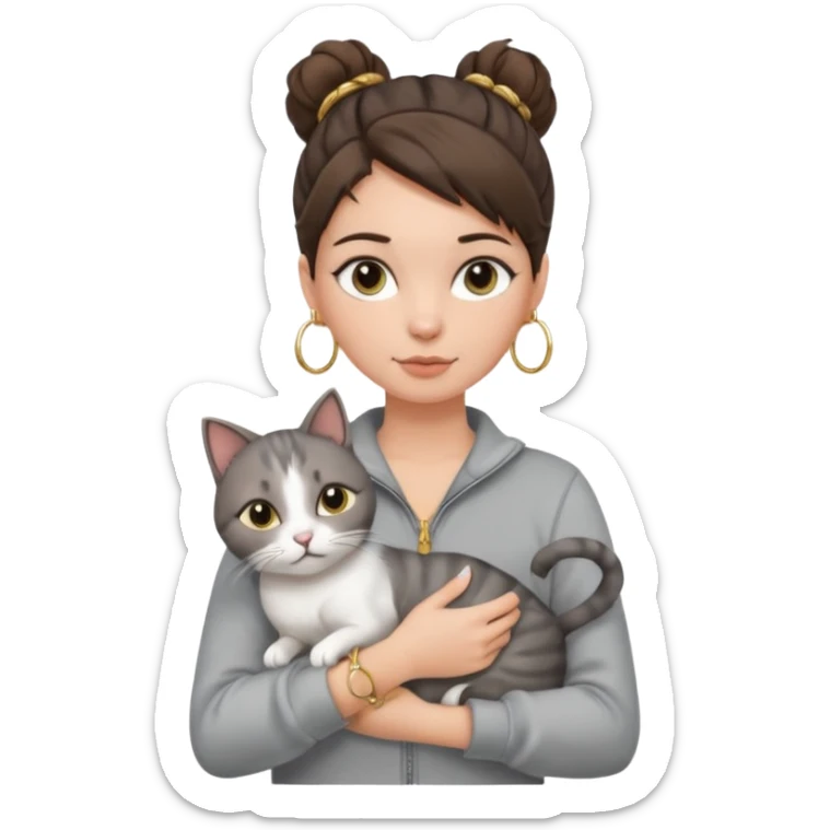a white girl with brunette hair in a messy bun holding a grey cat. the girl has long lashes and has on a grey zip up that is half way zipped and under a white shirt and gold jewelry that is hoop earrings and gold bracelets. sticker