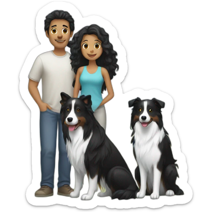 Family, man, long black hair woman and small black border collie sticker