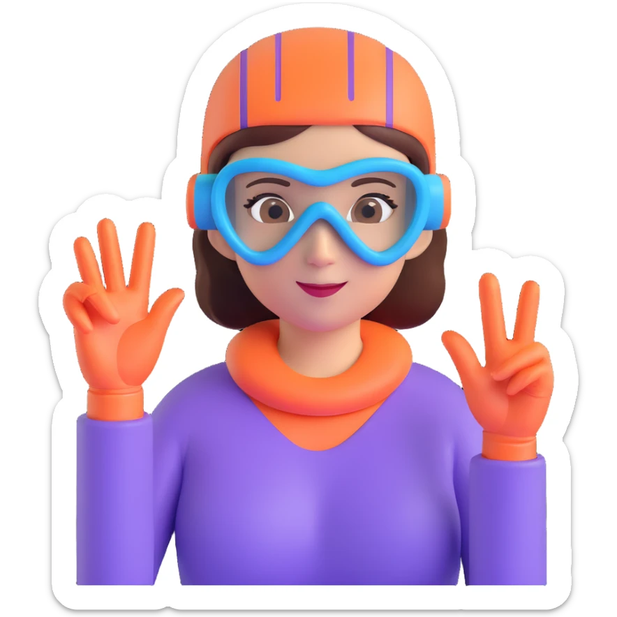 woman wearing snorkeling mask making hand heart gesture, bright and cute expression, face clearly visible, memoji style sticker