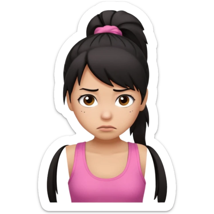 A tan girl with black hair in a ponytail. Wearing a pink tank top. Looking sad sticker