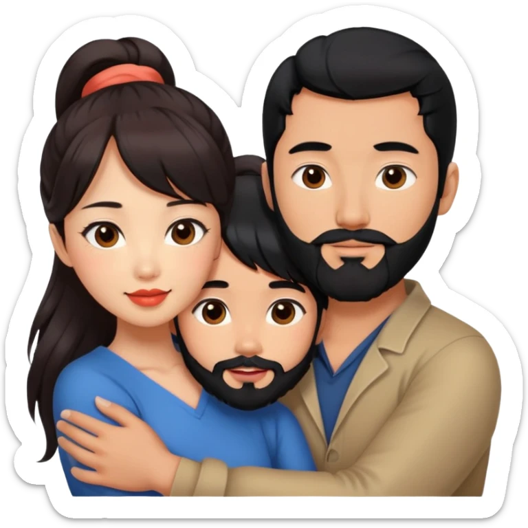 handsome tall asian man with ponytail black hair and beard, hugging cute woman with tan skin and long wavy reddish brown hair with bangs and coral lipstick sticker