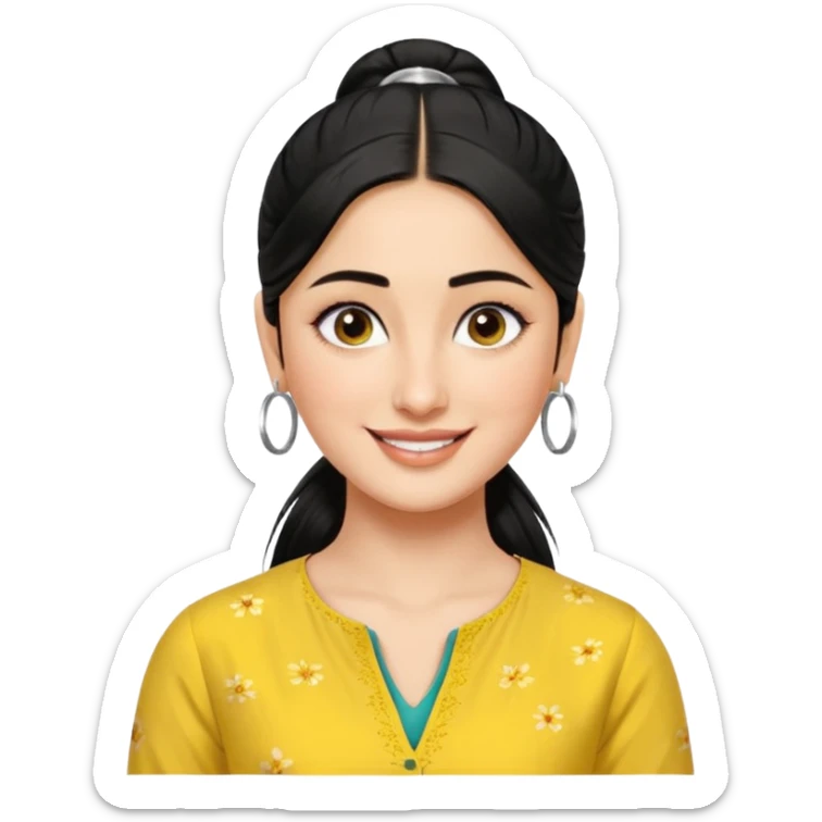 generate a pretty bratz emoji that looks like Kareena Kapoor's Geet character. 
Make her wear a yellow kurti, silver hoops, black hair in a ponytail. smiling big

She should look like Kareena Kapoor sticker