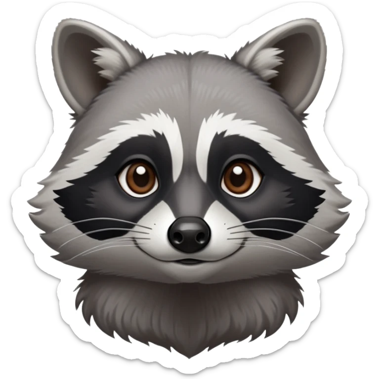 Cinematic-Noble-Raccoon-Portrait-Emoji – Poised and confident, with a sturdy build and a beautifully textured fur of silver-grey accented by dark black facial markings, deep-set, intelligent brown eyes, simplified yet sharp and sophisticated zoom out to show shoulders sticker