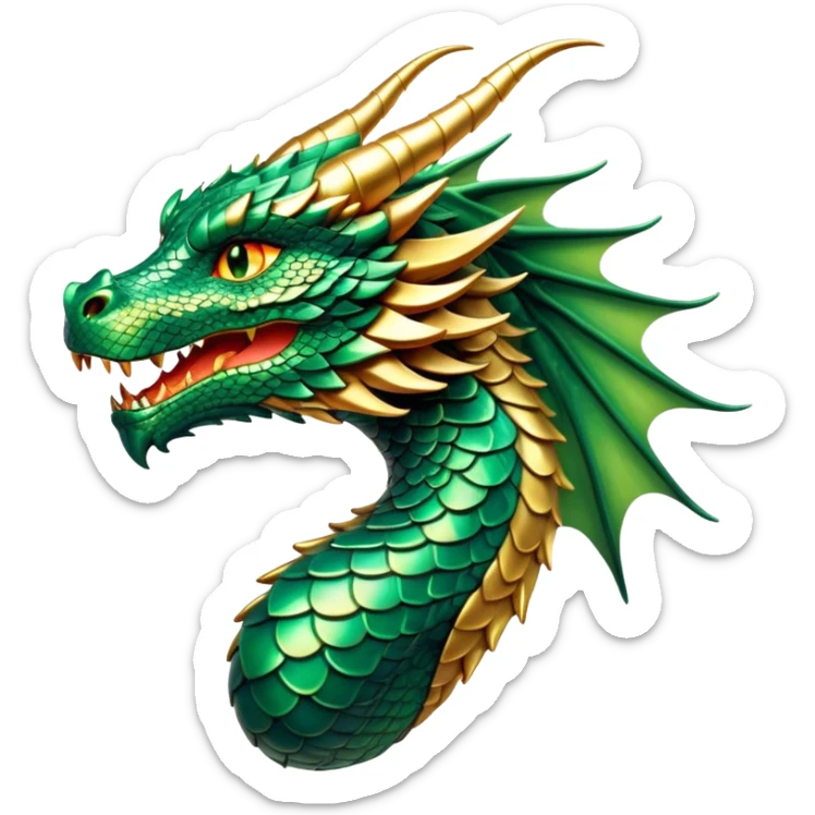 Cinematic Noble Dragon Portrait Emoji, Poised and majestic, with a sinuous, elongated body covered in intricately detailed, shimmering scales in hues of emerald and gold, and piercing, fiery eyes that reflect ancient wisdom; rendered with lifelike texture and natural highlights, high shine, intelligent and formidable, styled with an aura of mythic power, focused and attentive, soft glowing outline, capturing the essence of a legendary dragon that appears ready to soar out of the screen with timeless authority! sticker