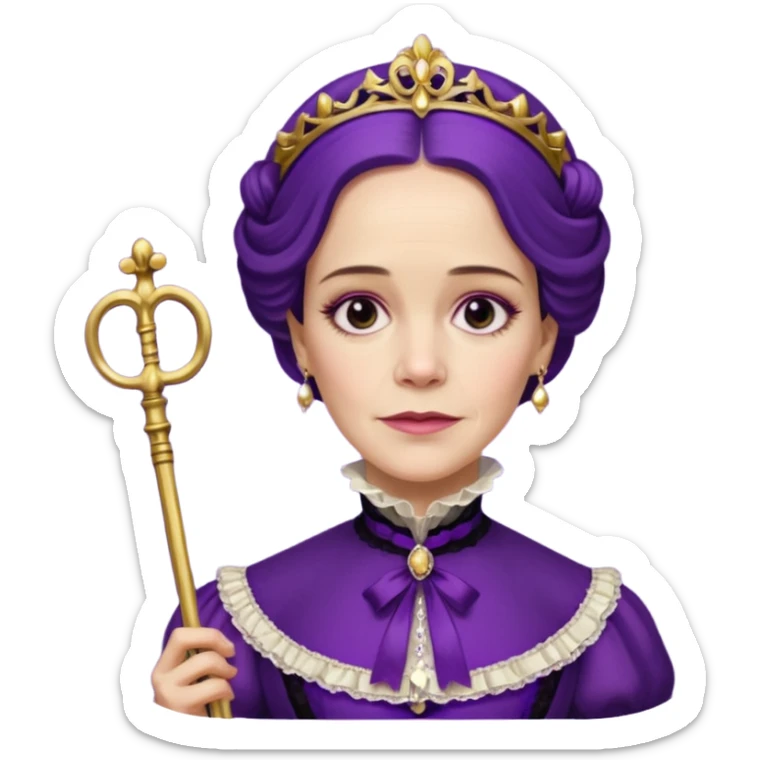 Wilhemina Venable (Sarah Paulson) in royal purple Victorian style, beautiful and luminous but terrifying, holding a gold cane sticker