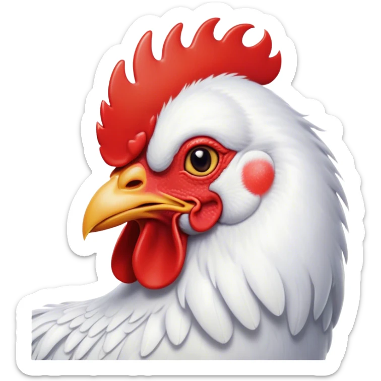Cinematic Cute White Rooster Portrait Emoji, Head tilted playfully and inquisitively, featuring a glossy, immaculate white plumage with a vibrant red comb, round, sparkling eyes filled with curiosity, Simplified yet irresistibly adorable features, highly detailed, glowing with a warm, friendly glow, high shine, affectionate and spirited, stylized with a touch of farmyard whimsy, bright and endearing, soft glowing outline, capturing the essence of a mischievous yet loving rooster, so playful it feels like it could strut out of the screen and into your arms! sticker