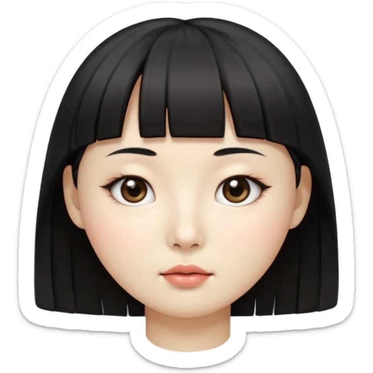 Clean Korean illustration-style emoji portrait of a young Korean woman, front-facing.
Smooth porcelain skin, soft shading, large round eyes, calm neutral expression.
Straight black bangs, black hair tied back, small nose and lips.
Round oval face, soft jawline.

 sticker