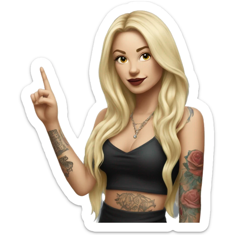 Blonde elegant women with LONG HAIR, her Body Covered with Tattoos, POINTING YOU FORWARD with her HAND with INDEX FINGER, Hyper Realistic sticker