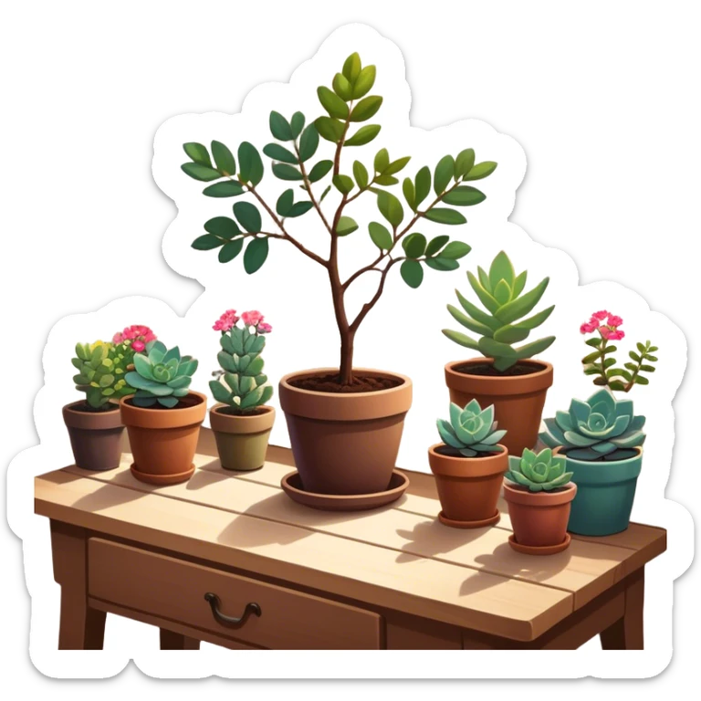 Close-up of a potted sapling with vibrant flowering plants around it, in rich soil. Sunlight filters through the window, casting soft shadows. Cozy indoor garden with blooming flowers, succulents, and gardening tools placed neatly on a wooden table. sticker