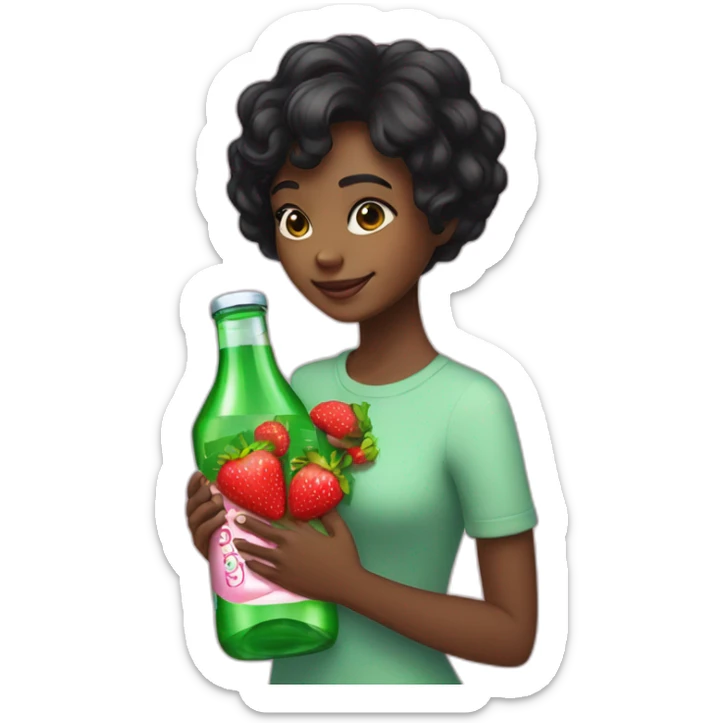 black girl, brown eyes, short black hair hugging a bottle of strawberry volvic sticker