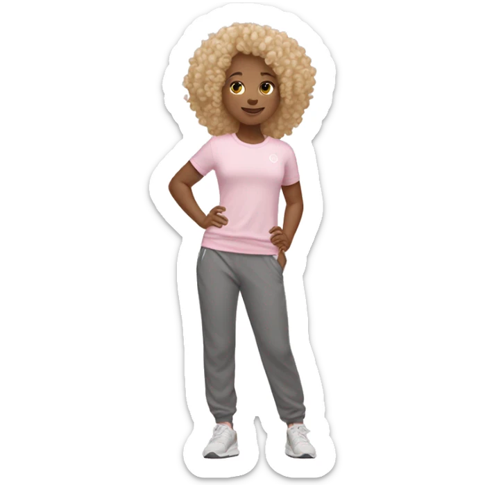girl wearing lululemon shirt and light pink sweat pants with curly blond hair sticker